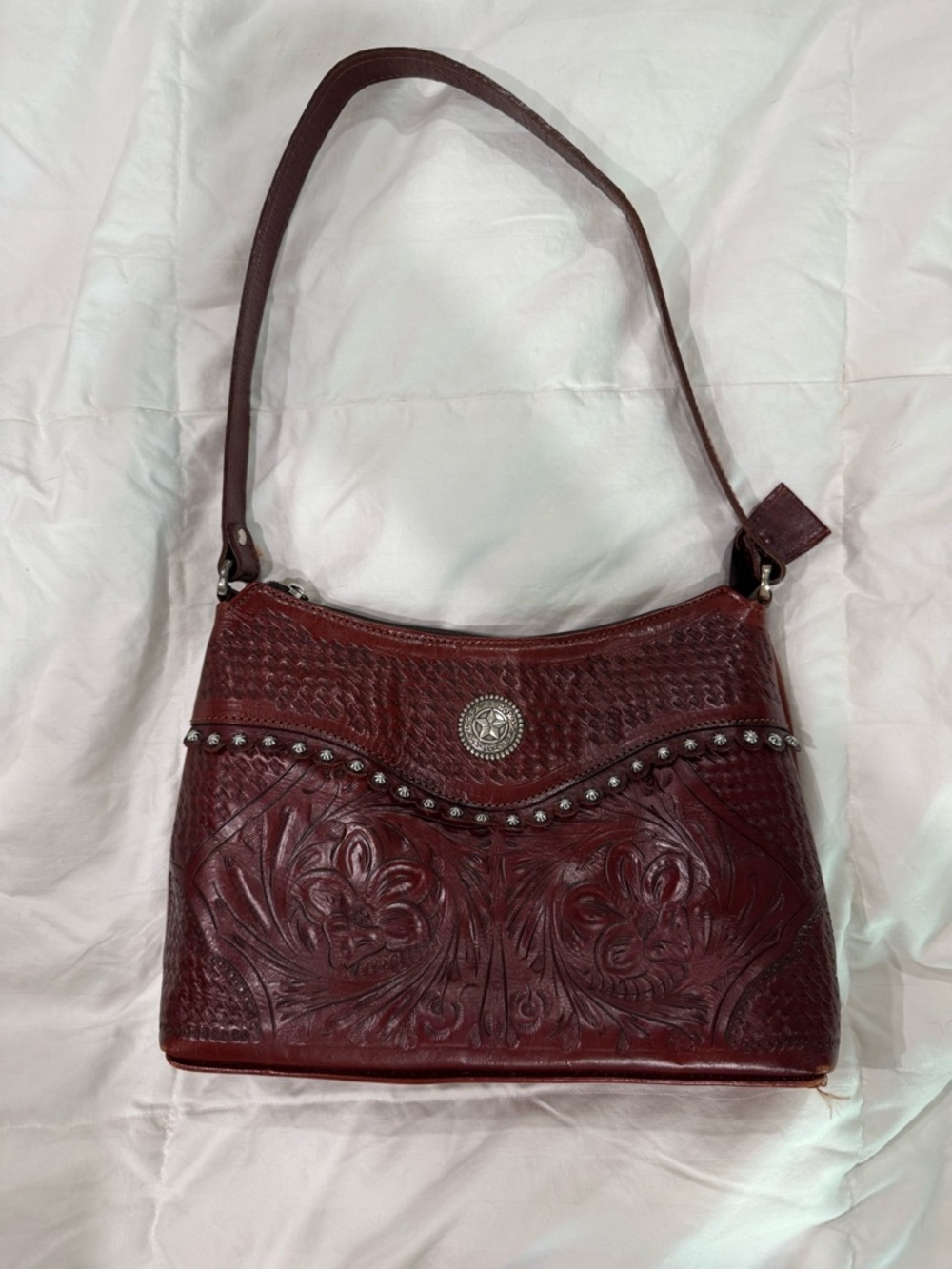 American West Embossed Floral Leather Shoulder Bag - Wine
